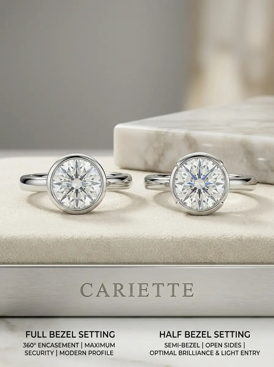 Bezel setting emerald cut diamond gold