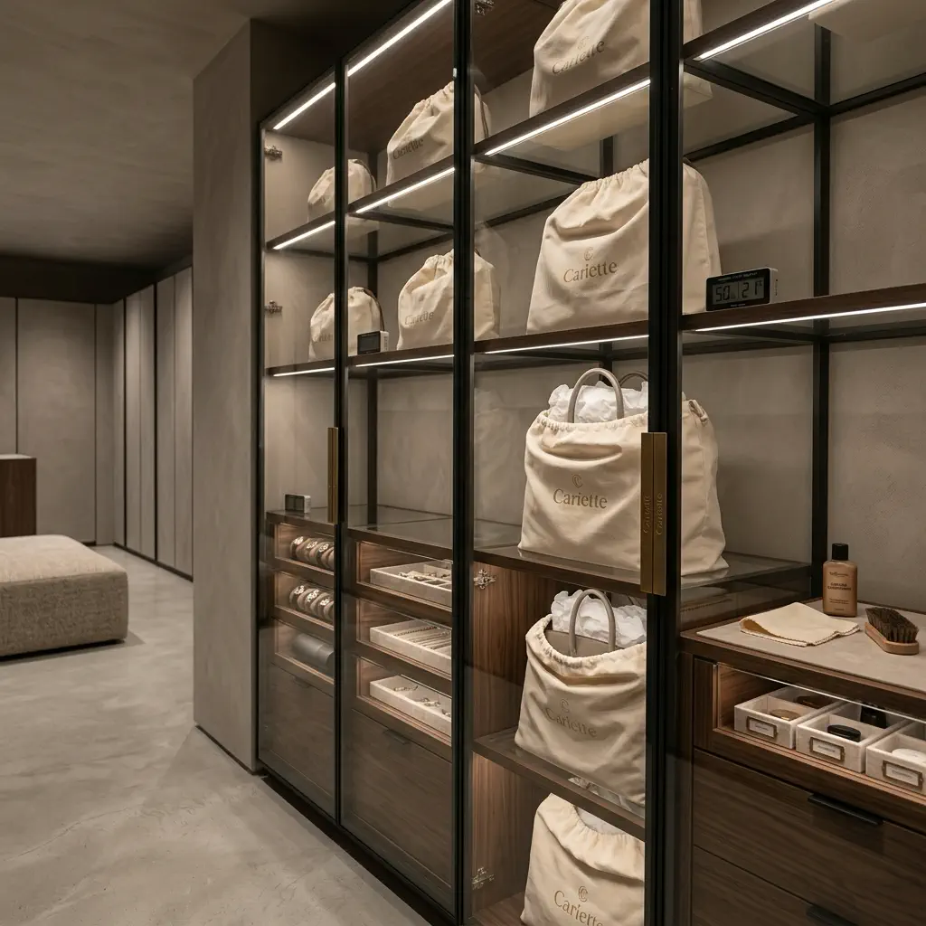Luxury handbag collection display closet