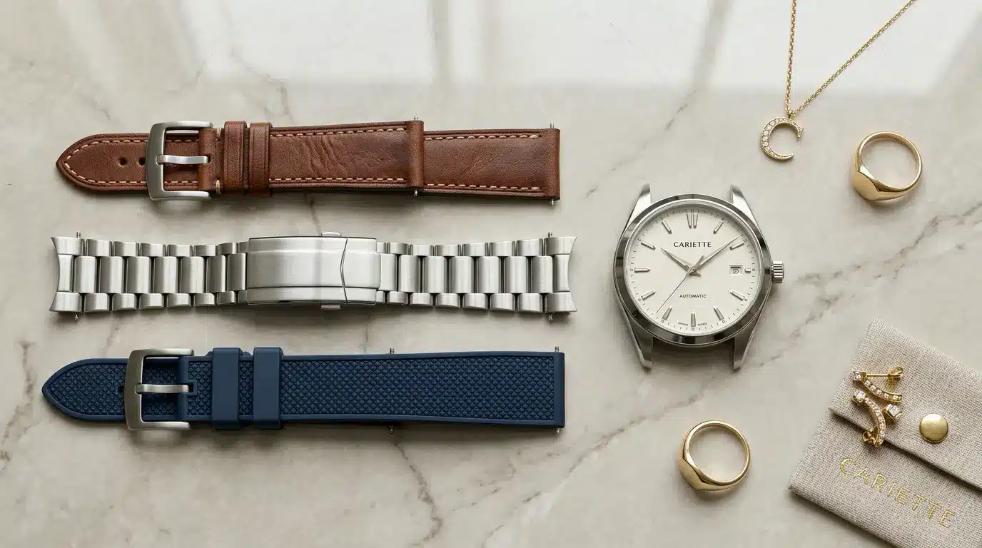 Luxury watch straps collection flat lay