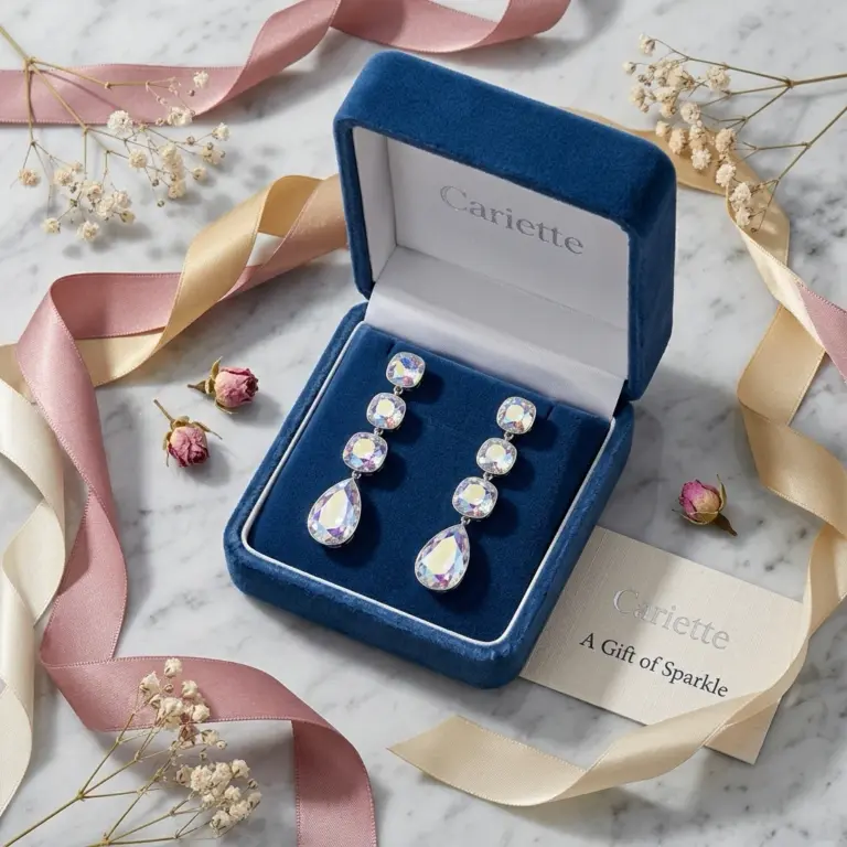 Unboxing experience of Crystal Cascade Drop earrings in premium jewelry gift box, perfect for gifting